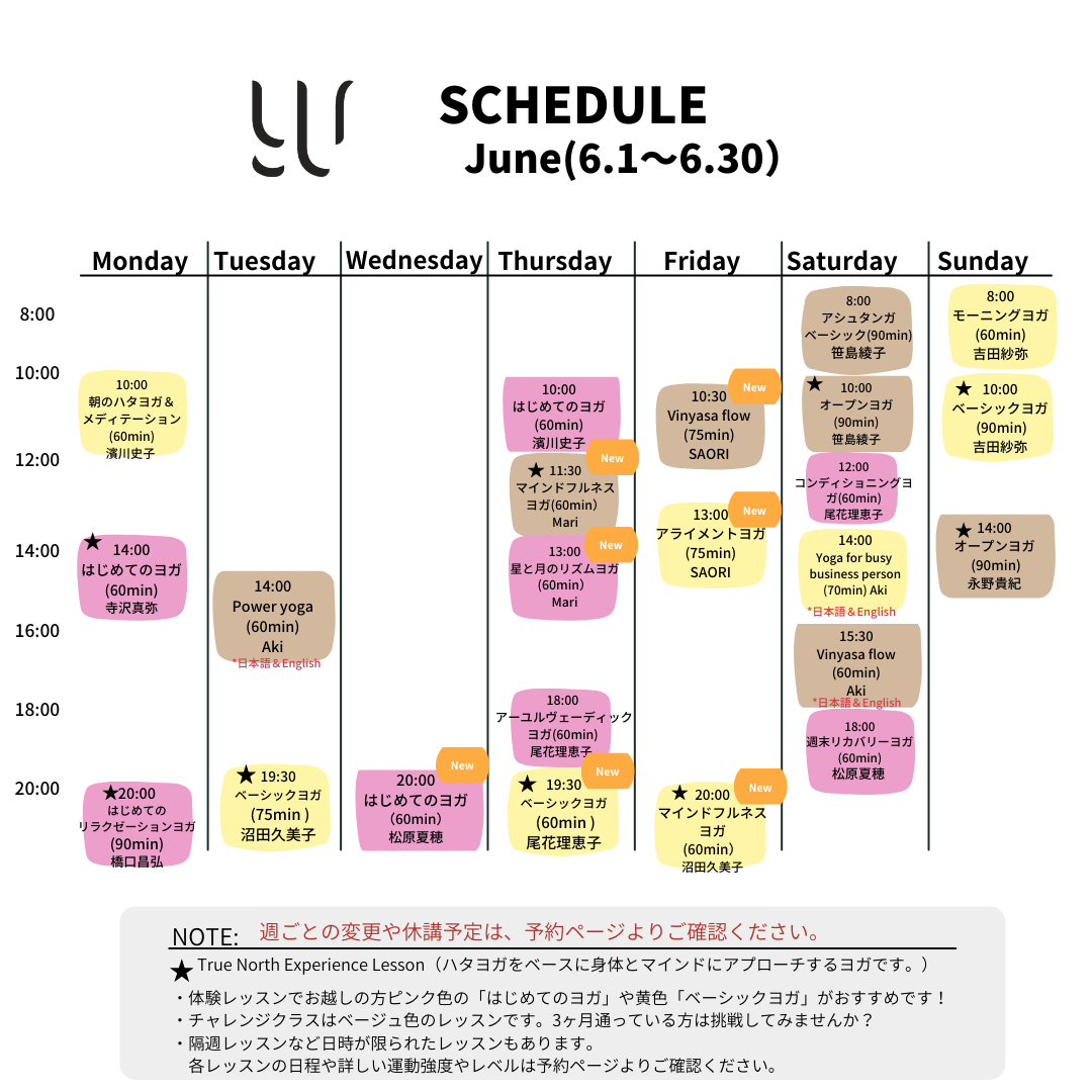 品川区 武蔵小山 ヨガスタジオ Yu Studio 6月スケジュール表